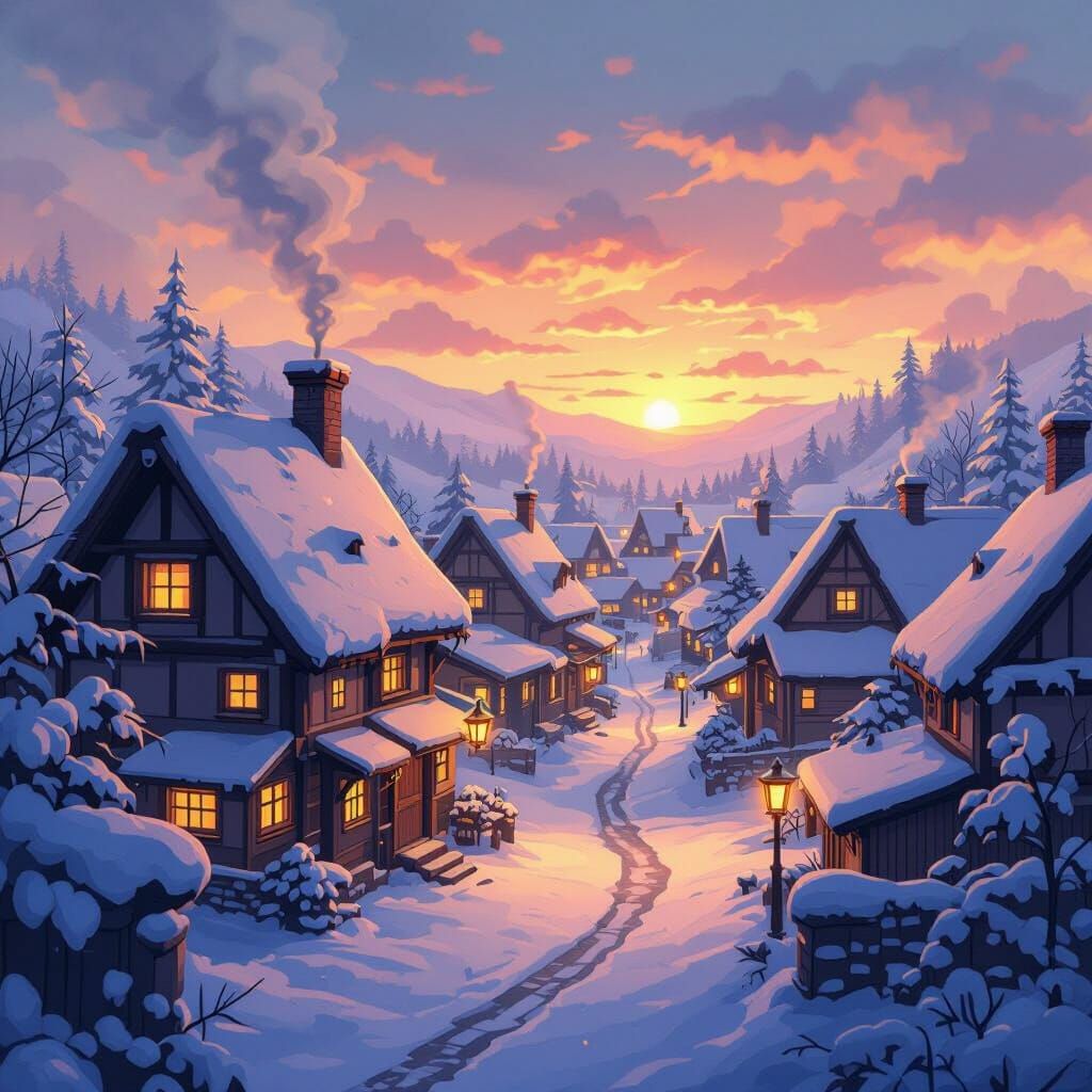 Anime Winter Village at Sunset