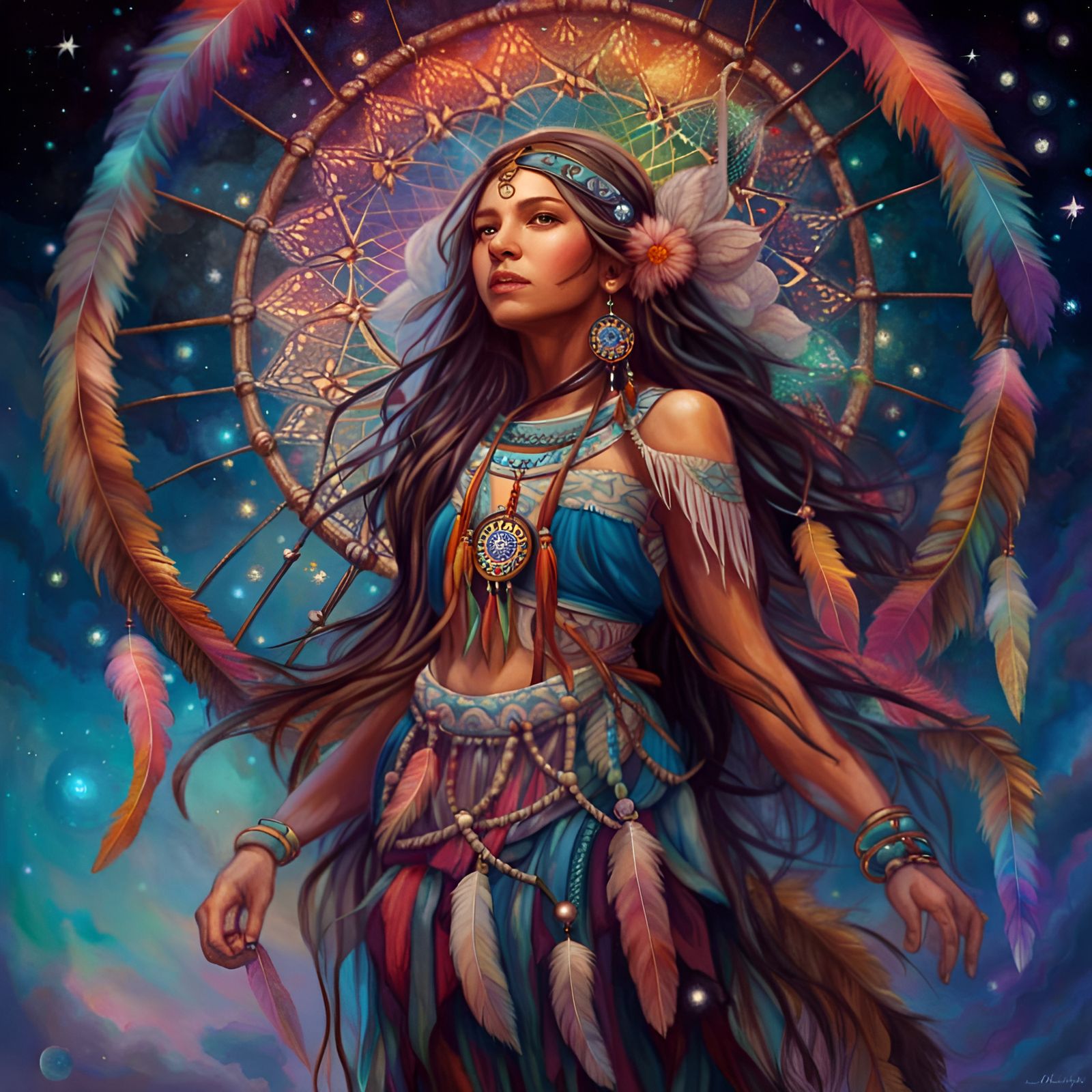Colorful Dreamcatcher in Starry Space Sky