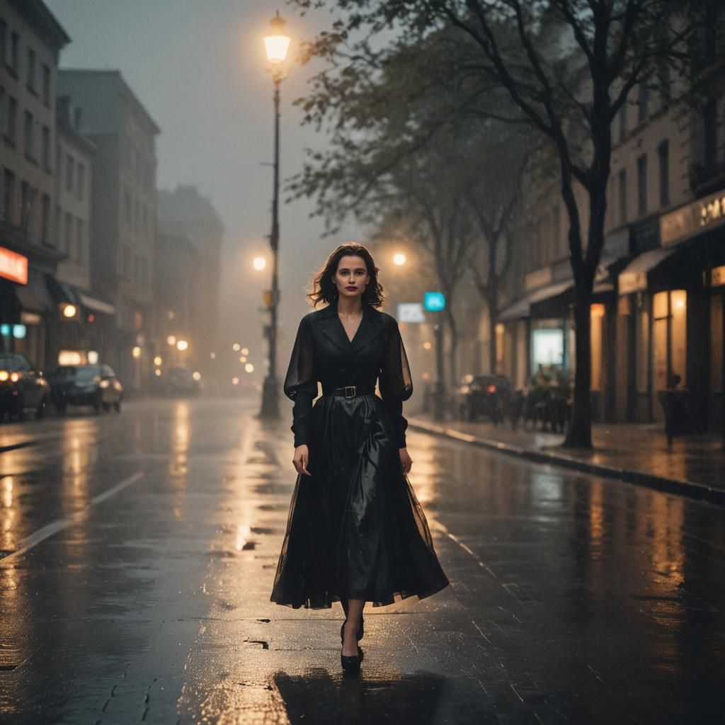 Glamorous Noir Star Walks Alone Under Golden Hour