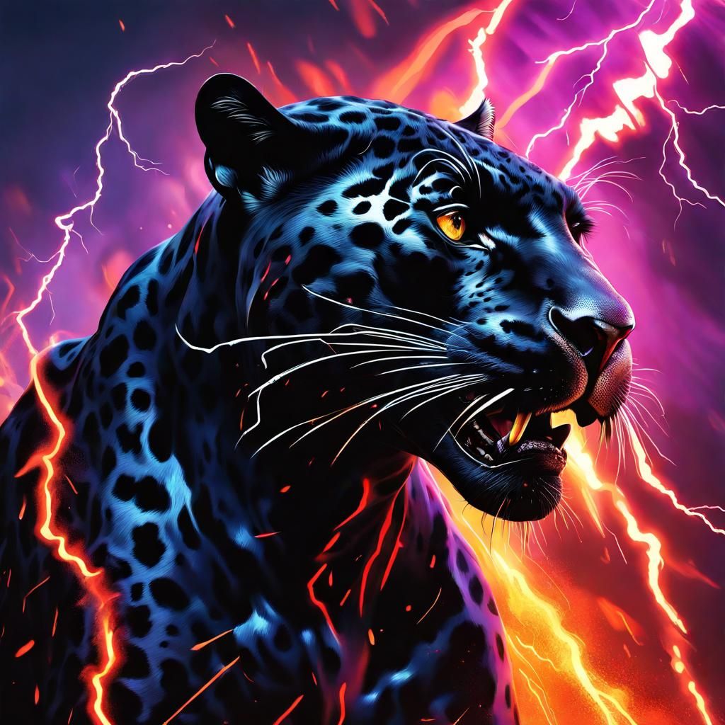 Volcanic Lightning Surrounds Black Jaguar: Hyperrealistic Ar...