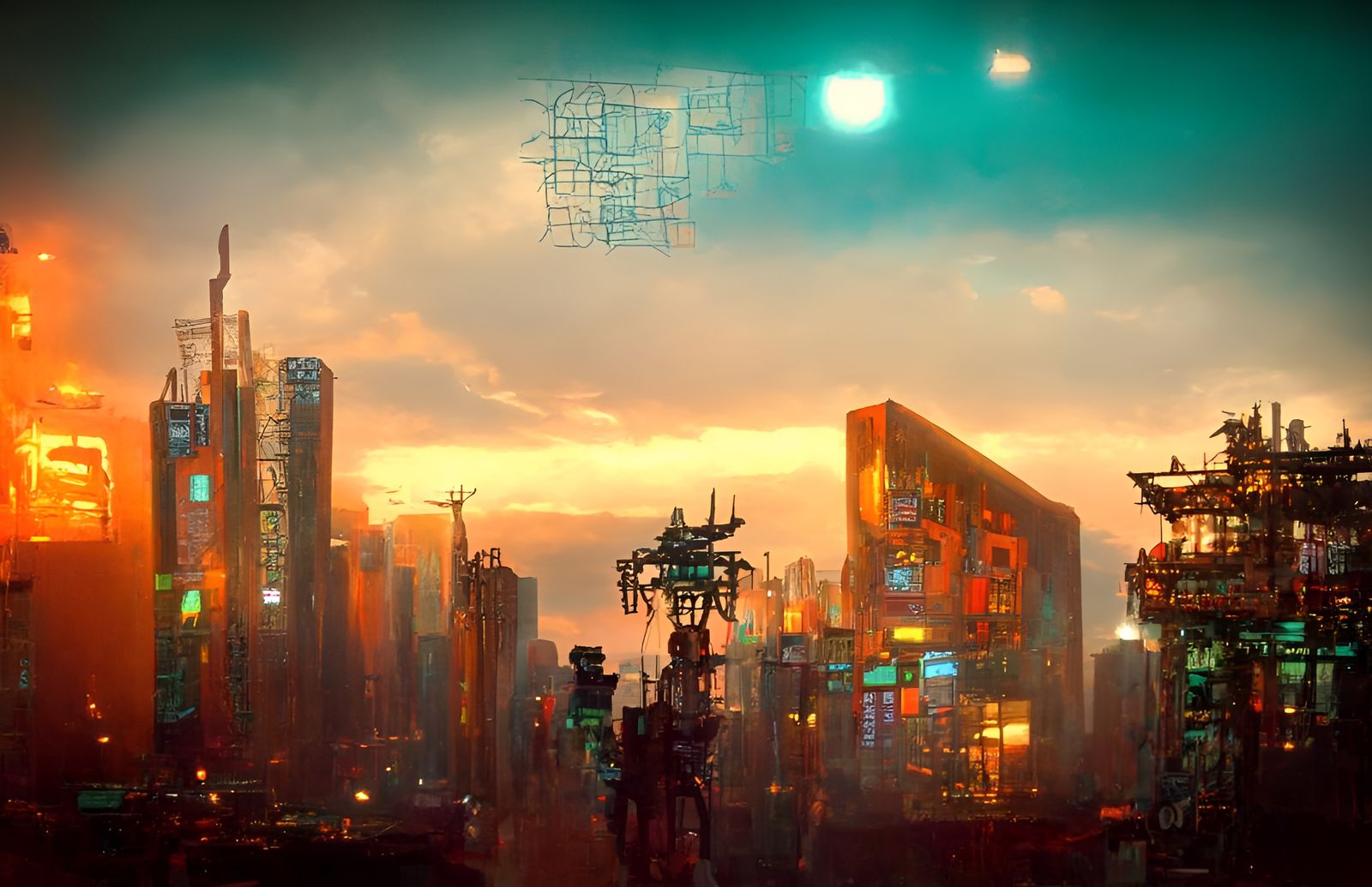 Dystopian Sunset Over Future Cityscape in Cyberpunk Style