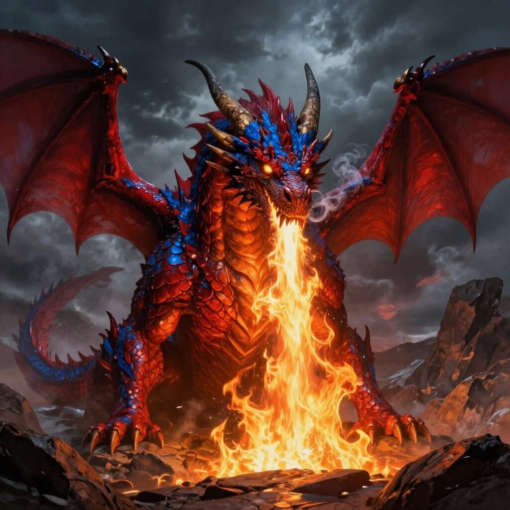 Majestic Dragon Breathes Dual Fire in Dramatic Fantasy Art