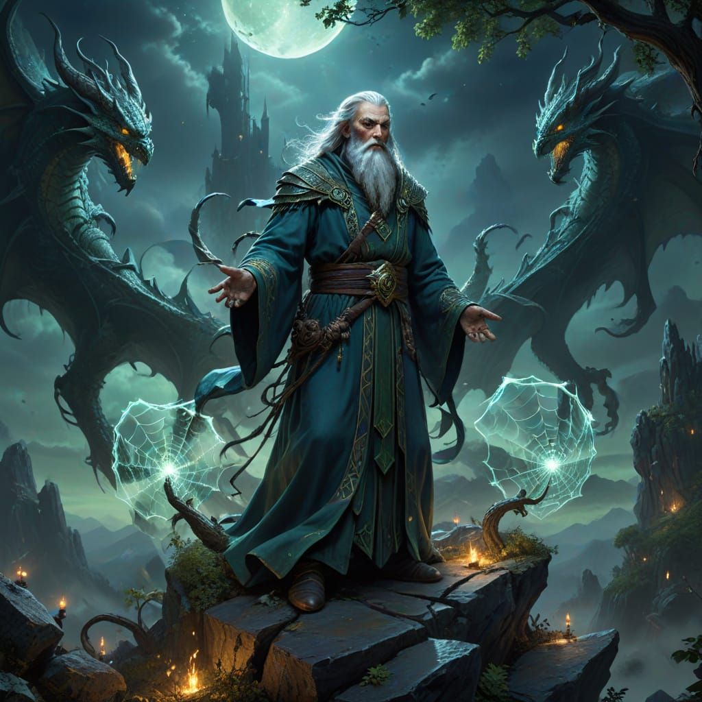 Wise Wizard on Moonlit Peak with Dragons and Glowing Webs