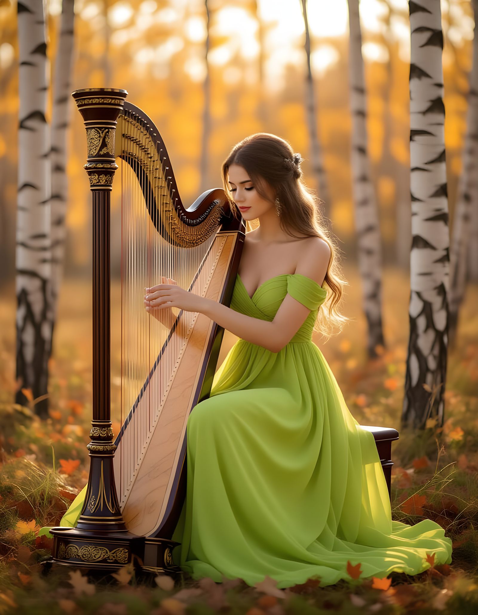 Woman in Green Dress Plays Harp Amidst Autumn Birches