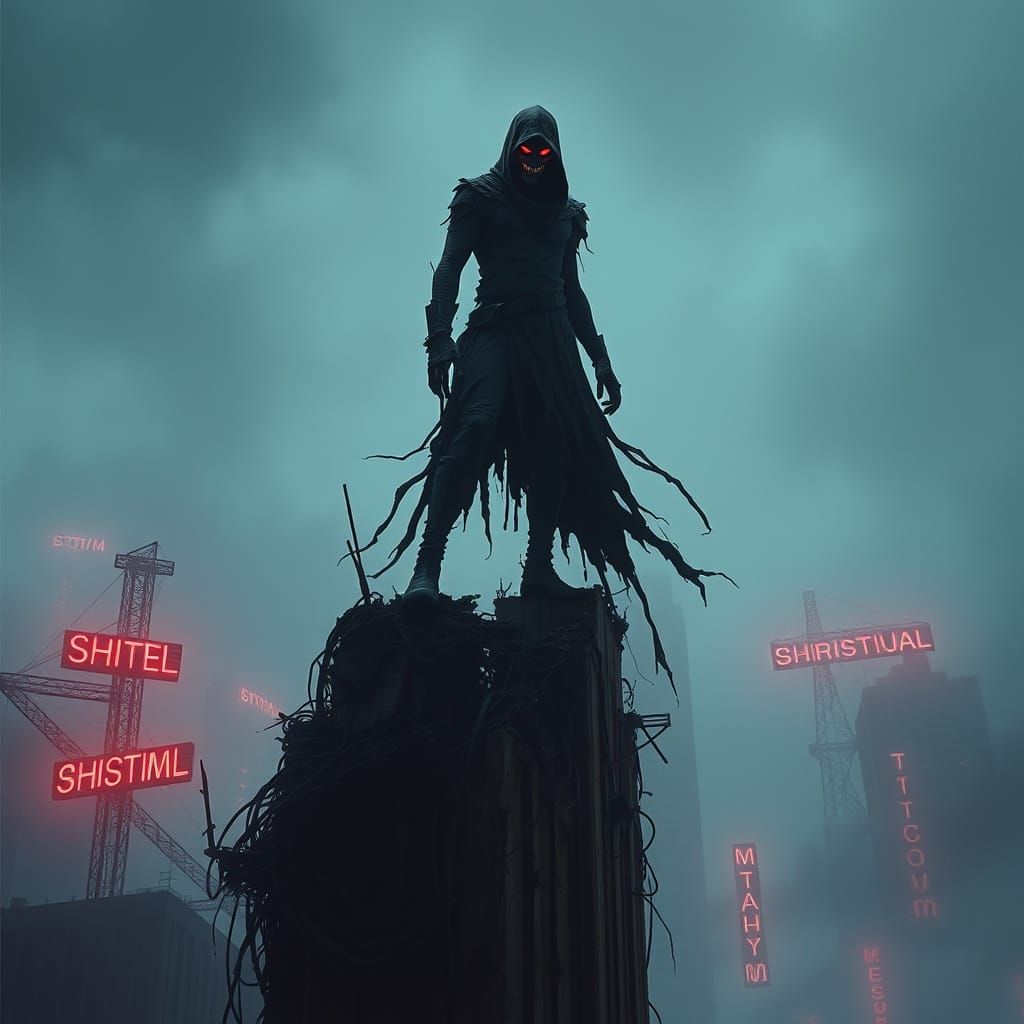 Eerie Figure Overlooks Decaying Metropolis
