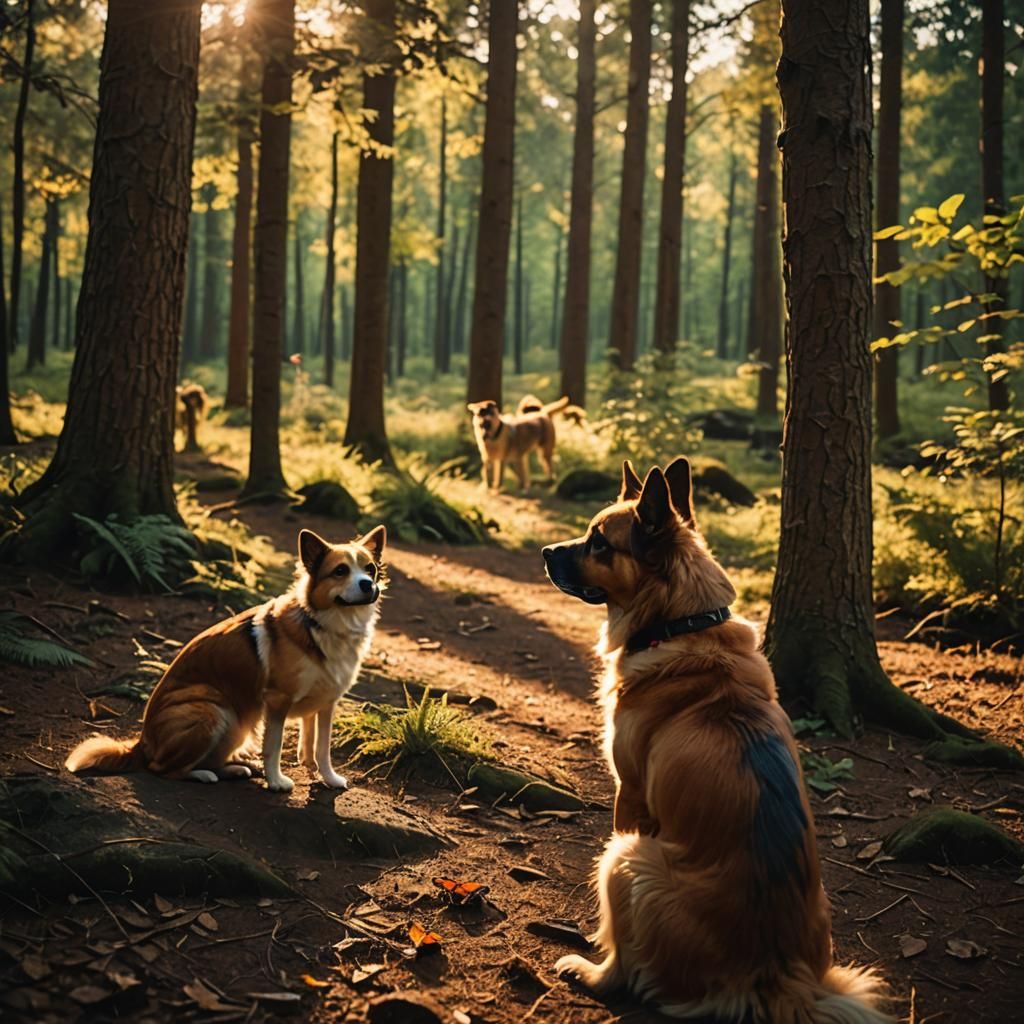 Butterfly and Dog in Forest: Cinematic Film Still