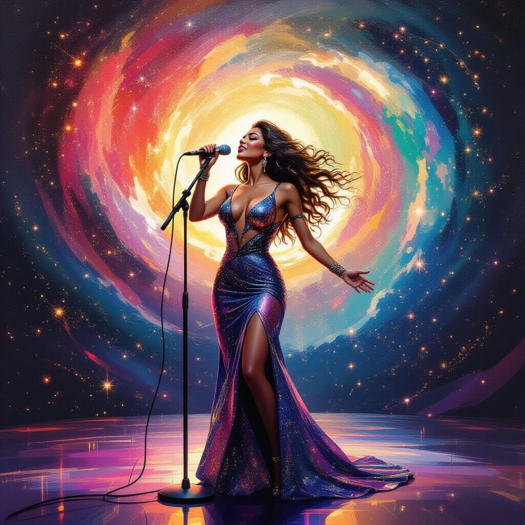 Cosmic Singer Performing Amidst Galactic Vortex