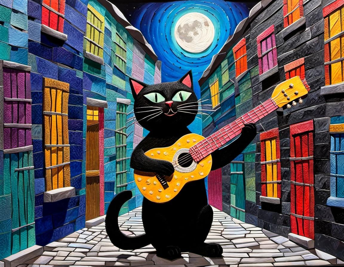 Cat Serenade in a Moonlit Alley: Mixed Media Collage