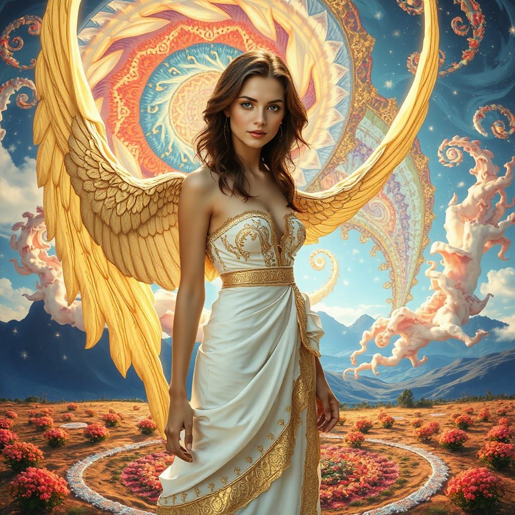 Angel of Forgiveness in Vibrant, Dreamlike Landscape
