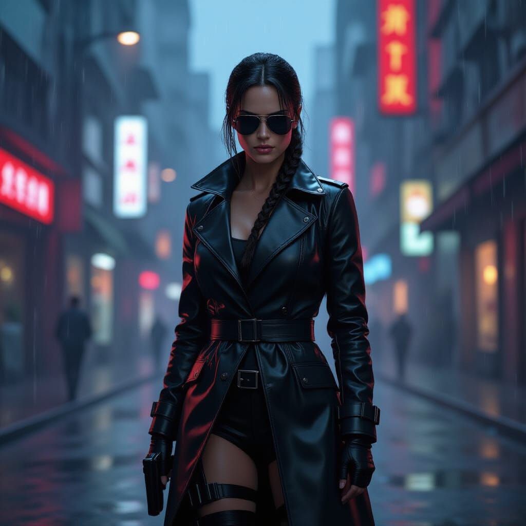 Lara Croft in a Neon-Lit Cyberpunk City