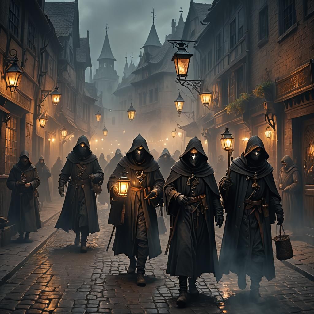 Plague Doctors in Foggy Medieval Streets
