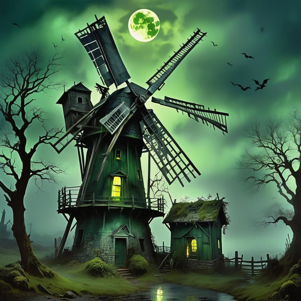 Spooky Haunted Windmill with Gothic Horror Elements