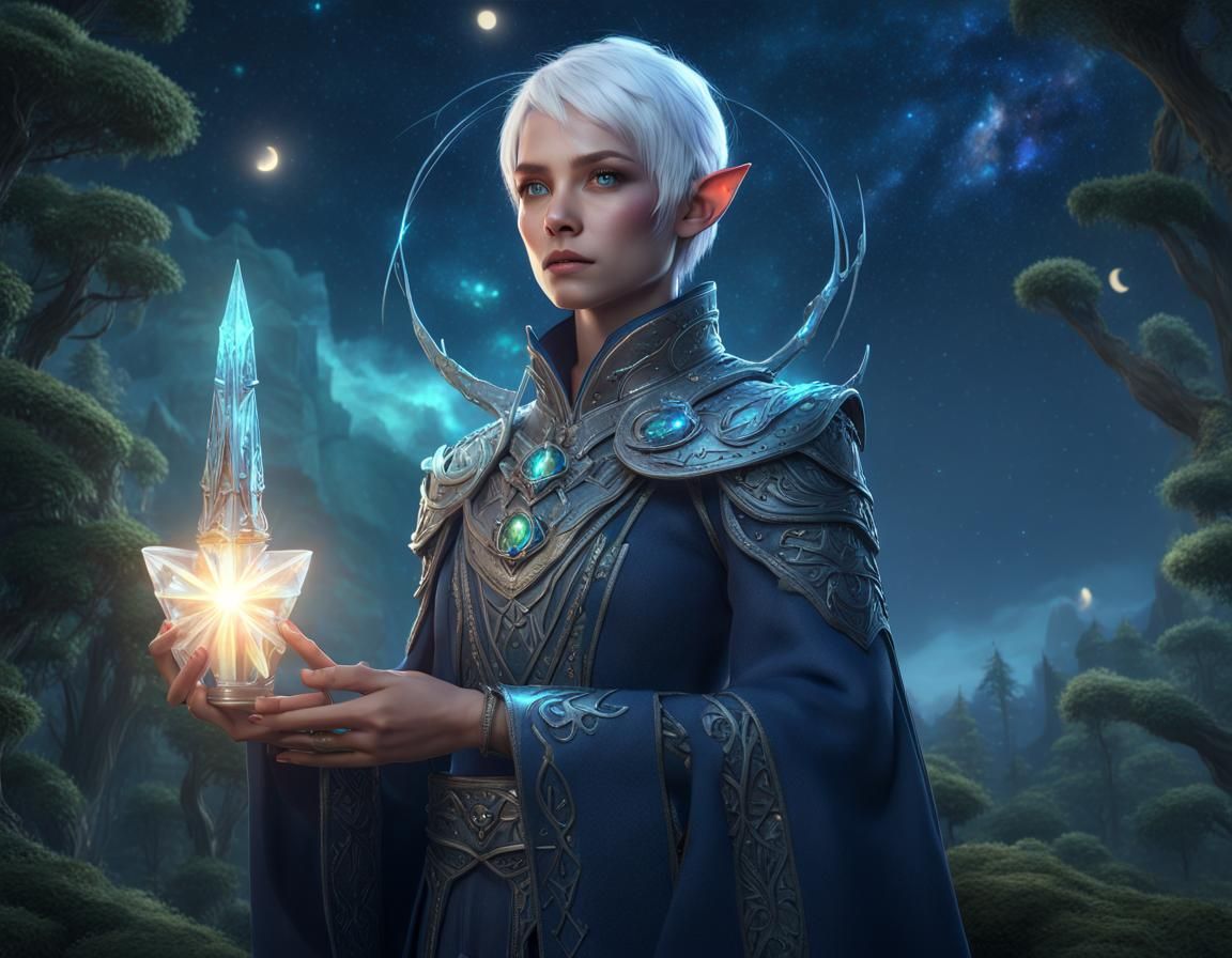 Moon Elf Sorceress in a Starry Night Forest