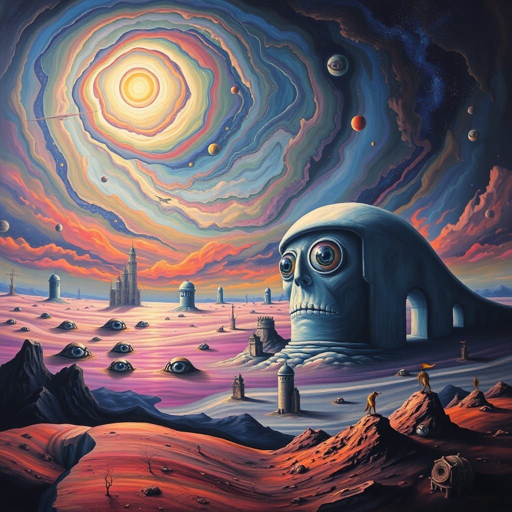 Surreal Eyes in Dreamlike Landscape with Nebula Sky