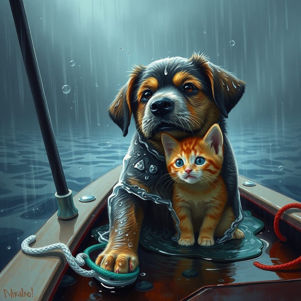 Puppy and Kitten Sailing Home: Diamond Painting