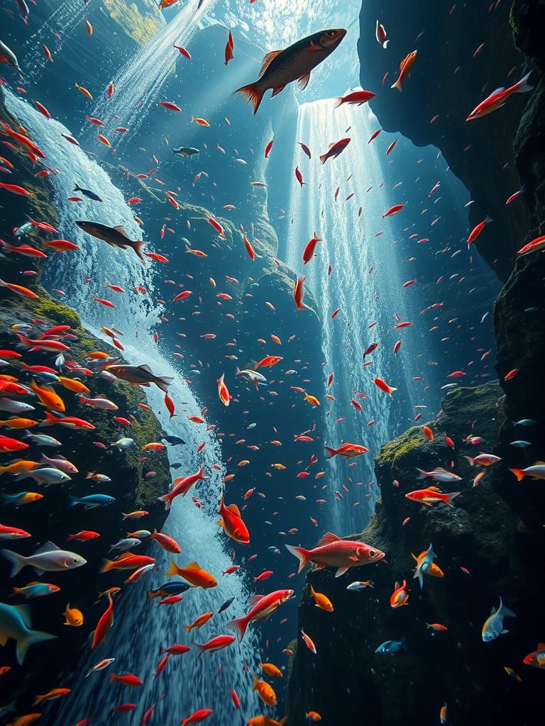 Surreal Waterfall Made of Colorful Fish