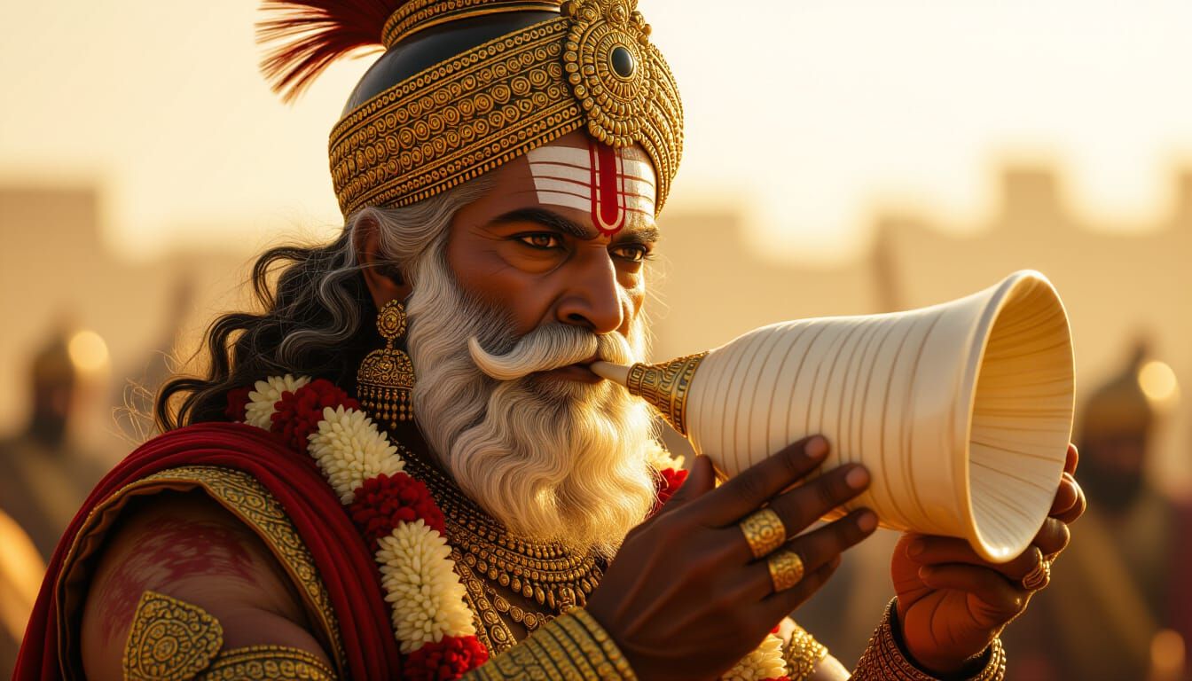 Bhishma's Resolute Face Blowing Conch Shell