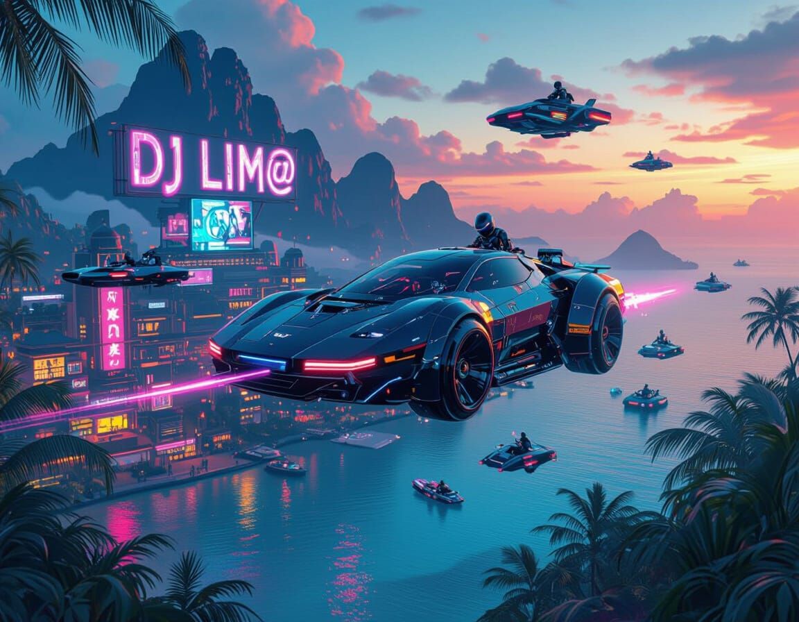 Cyberpunk Robots and Flying Cars Over Tropical Island
