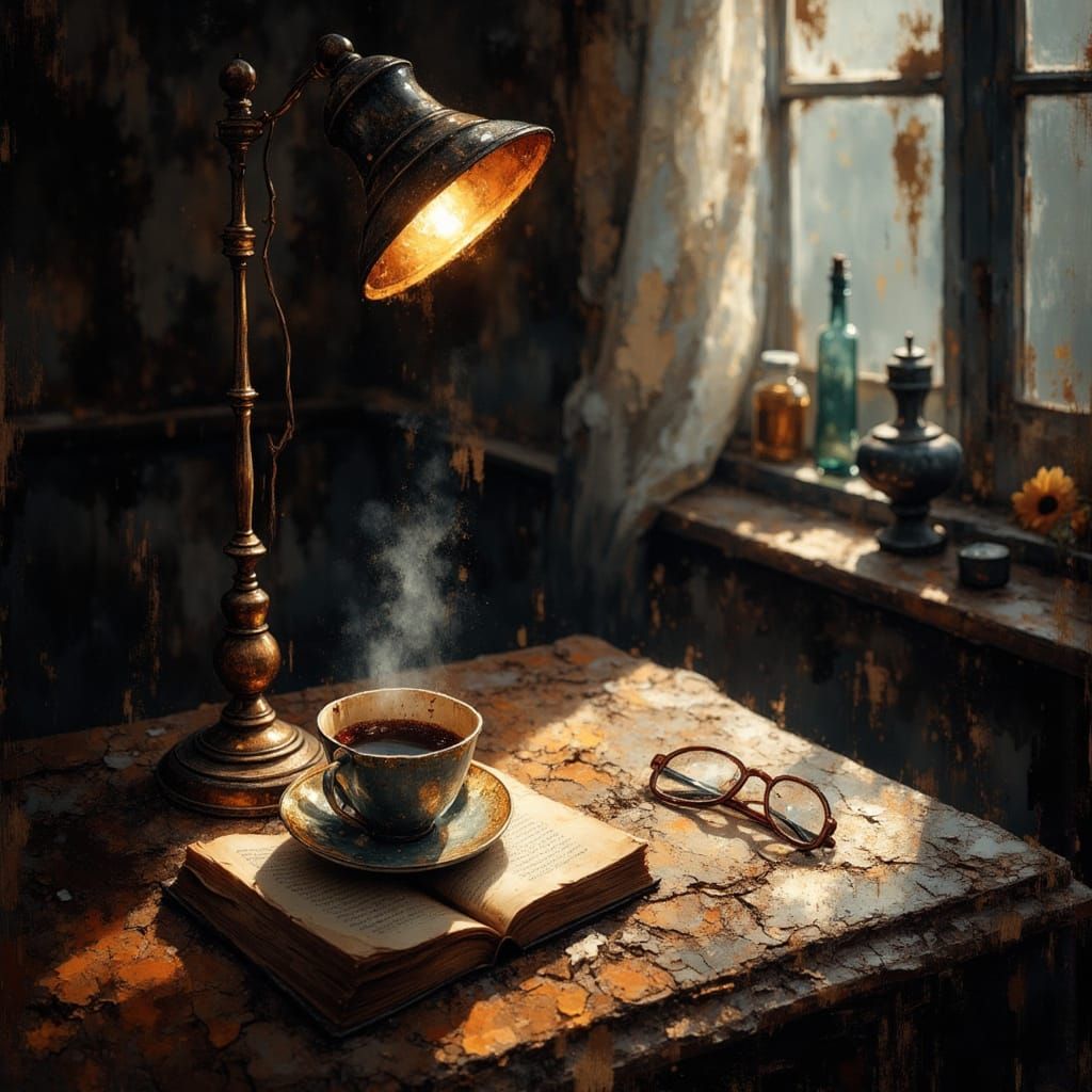 Steaming Coffee Cup on Antique Table with Open Book