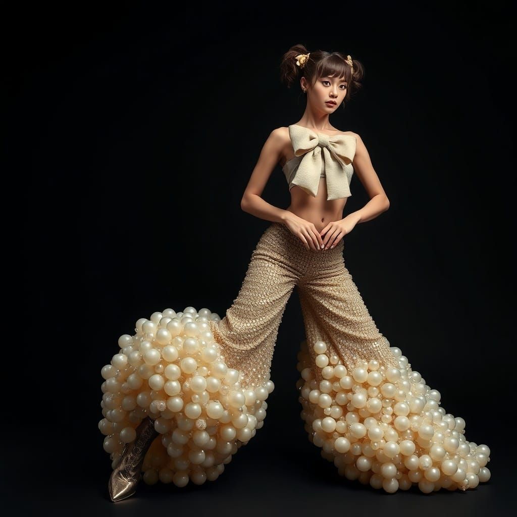 Haute Couture Fashion: Woman in Crystal Skirt & Cocoon Pants