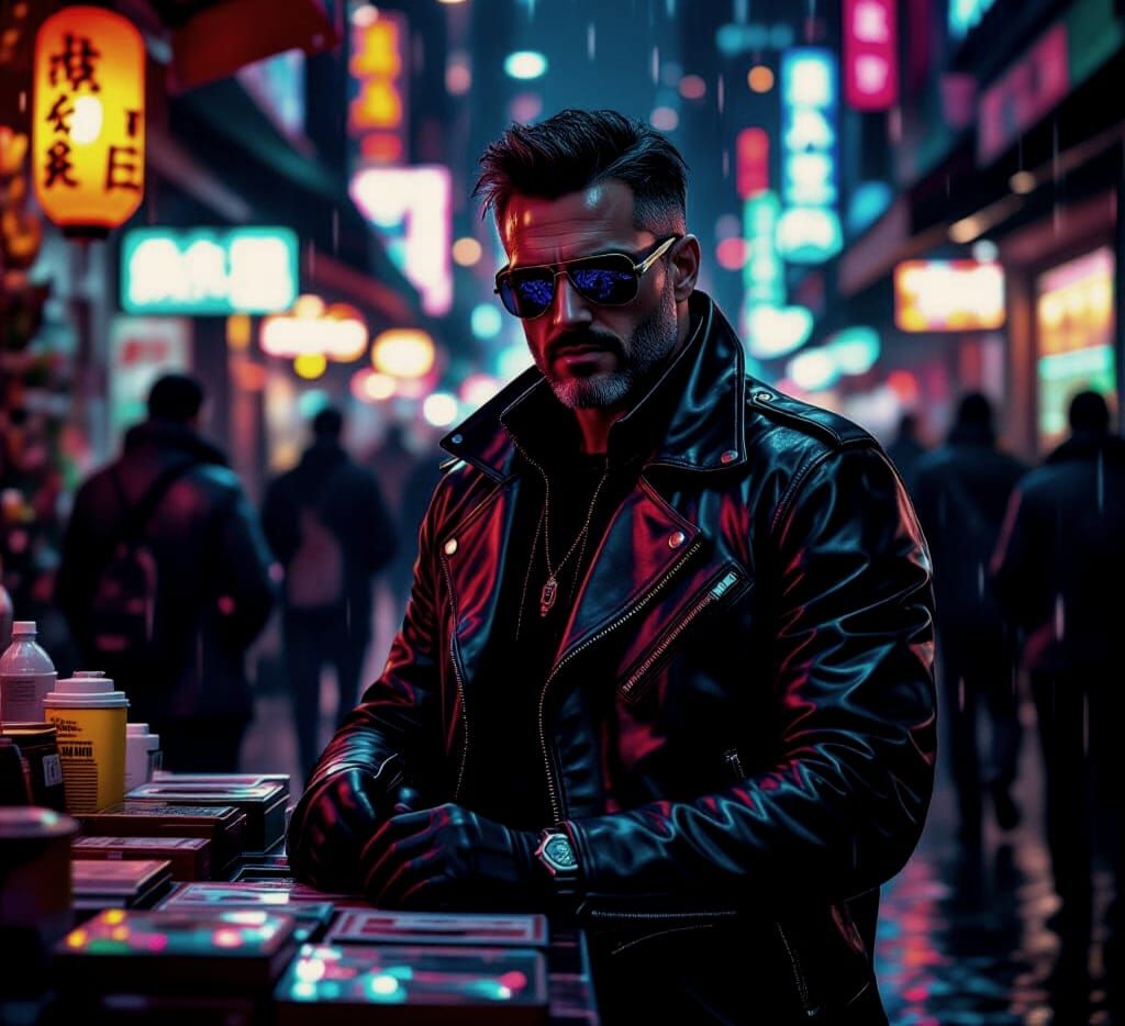 Cyberpunk Merchant with Smug Expression