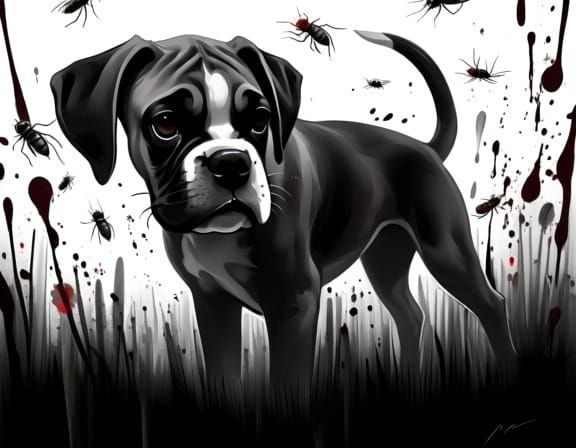 Boxer Puppy Infested by Fleas in Abstract Mixed-Media Art