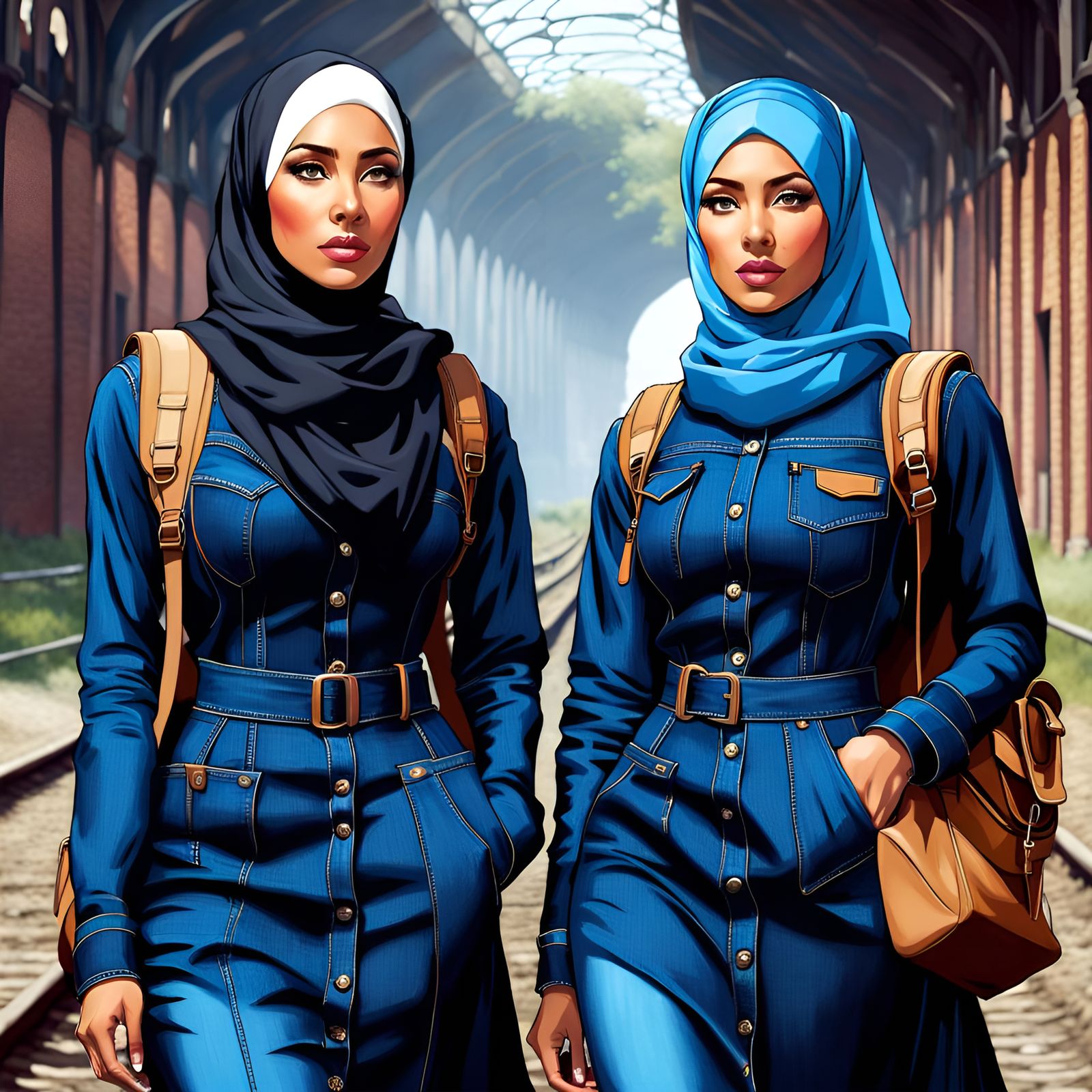 Women Hiking in Industrial Area: Digital Art Portrait