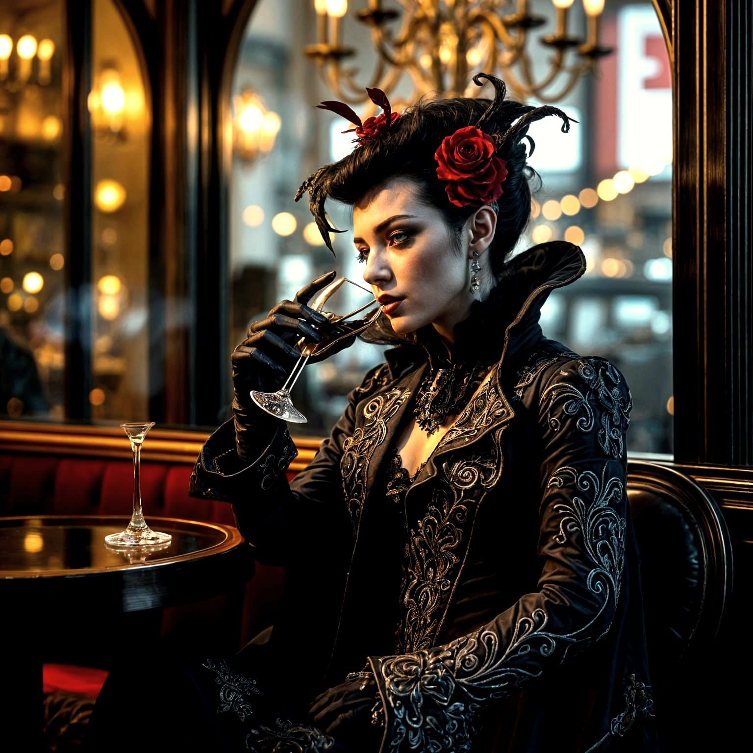 Stylish Vampire in Haute Couture at Night