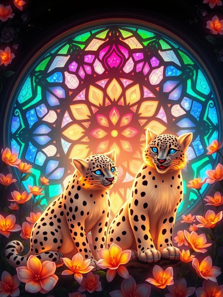 Stained Glass Rose Window with Bioluminescent Anime Figures