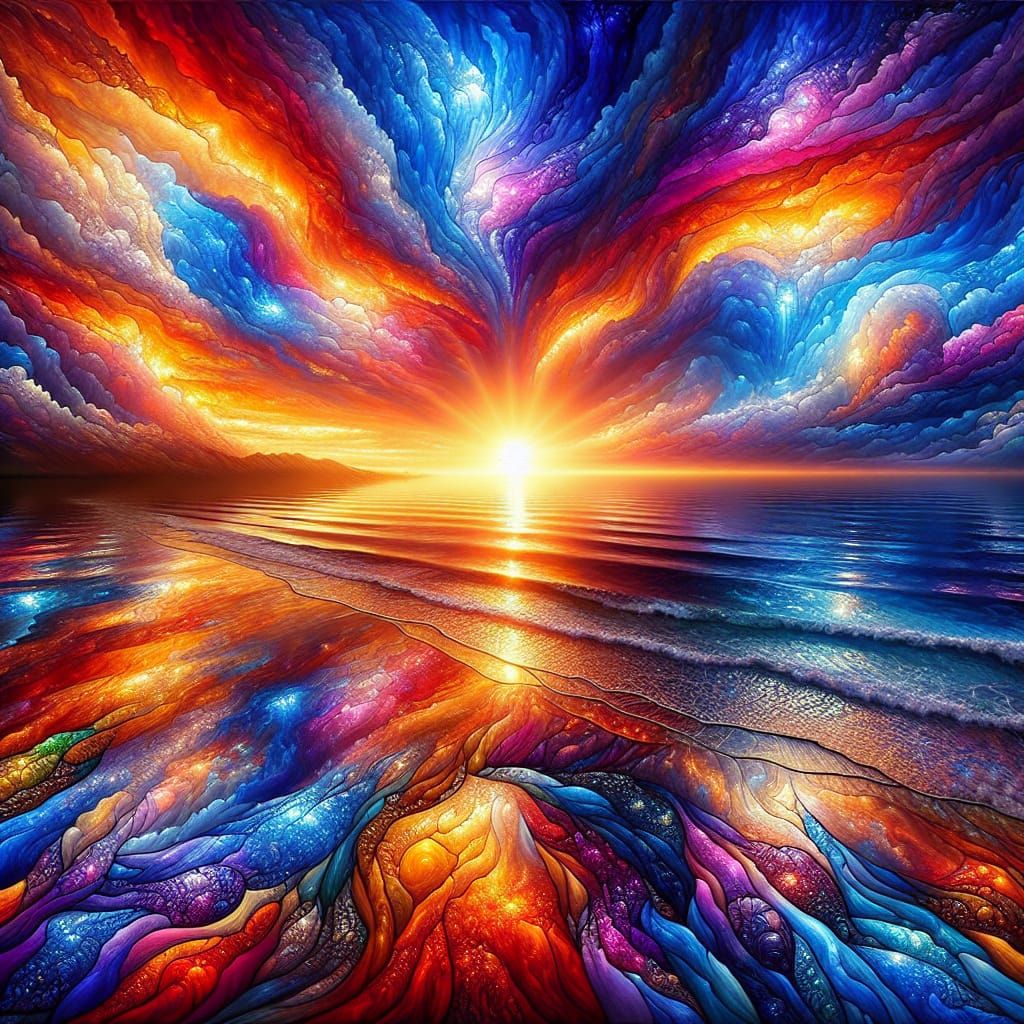 Primordial Ocean Sunset in Stained Glass Style