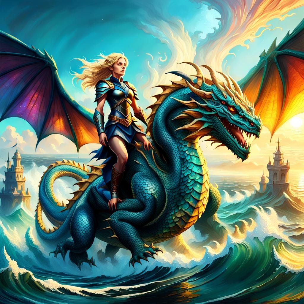 Woman Rides Dragon Above Baltic Sea: Fantasy Art