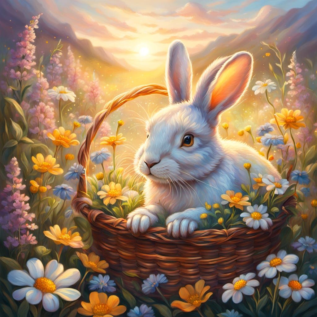 Glowing Rabbit in Wildflower Basket Oil Painting