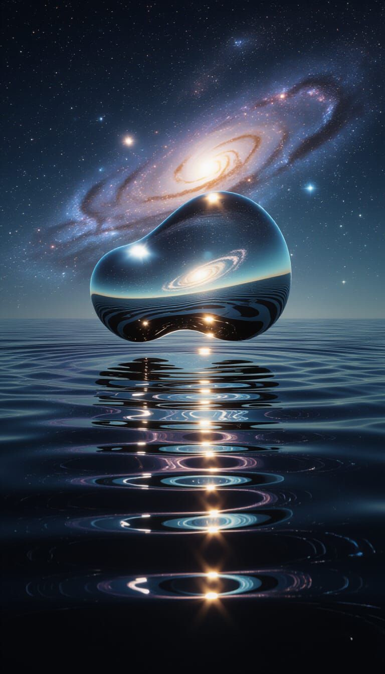 Liquid Metal Entity Reflecting Emotions Over Black Ocean