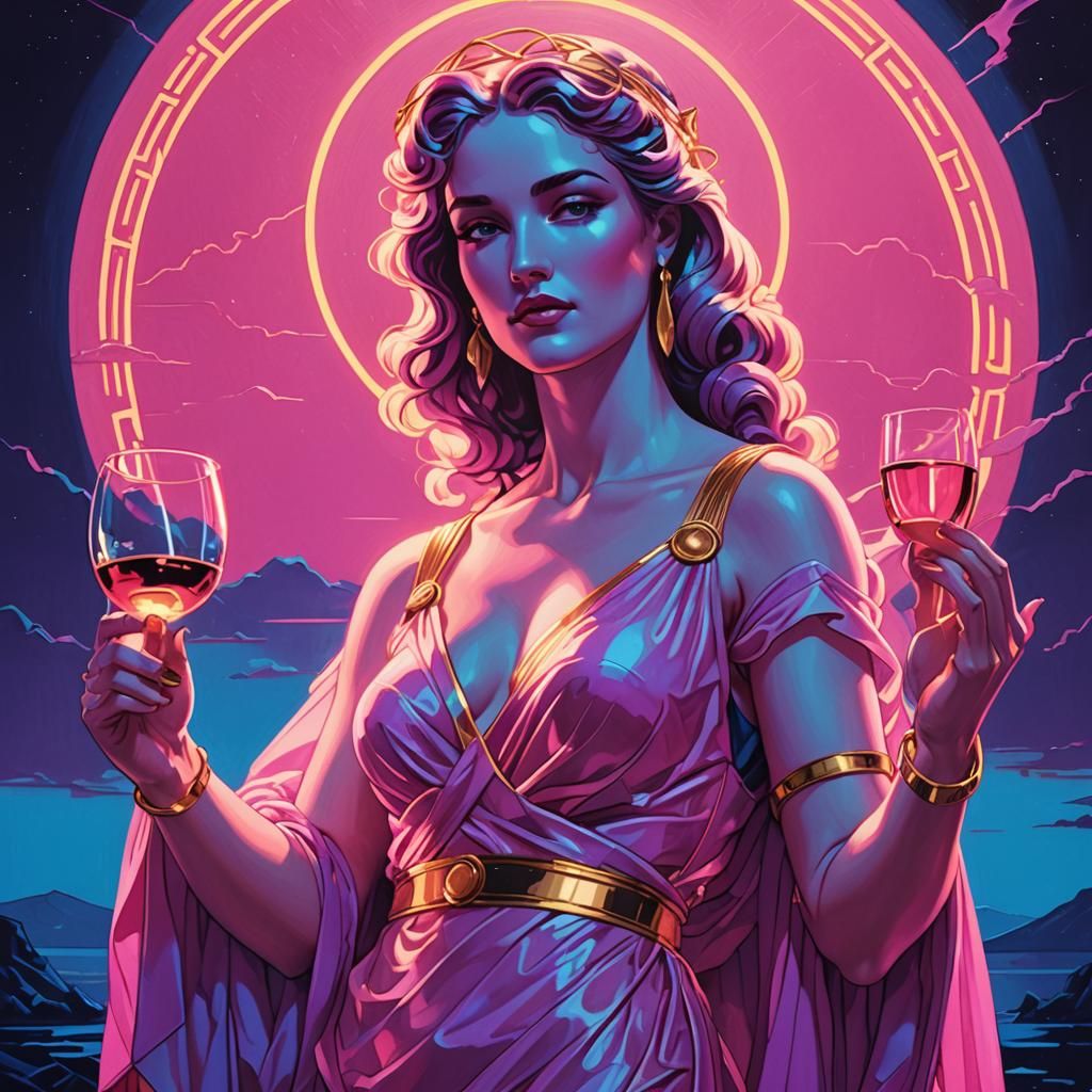 Synthwave Aphrodite with Golden Glass in Neon Mist