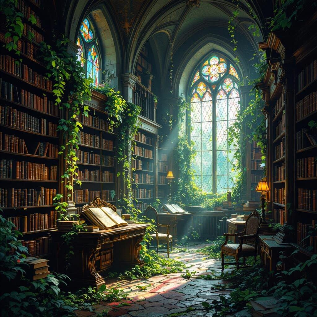 Forgotten Library Reclaimed by Bioluminescent Flora in Paint...