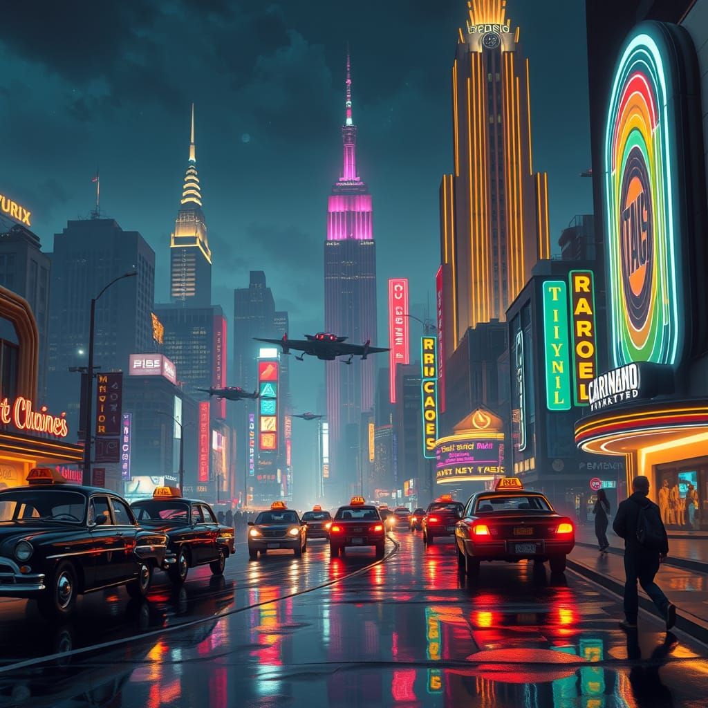 Cyberpunk Cityscape with Art Deco Skyscrapers
