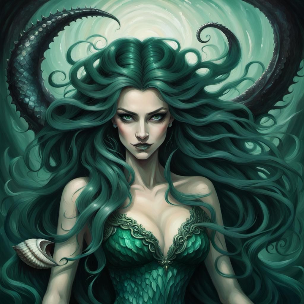 Eerie Siren with Seashell in Hyperrealistic Painting