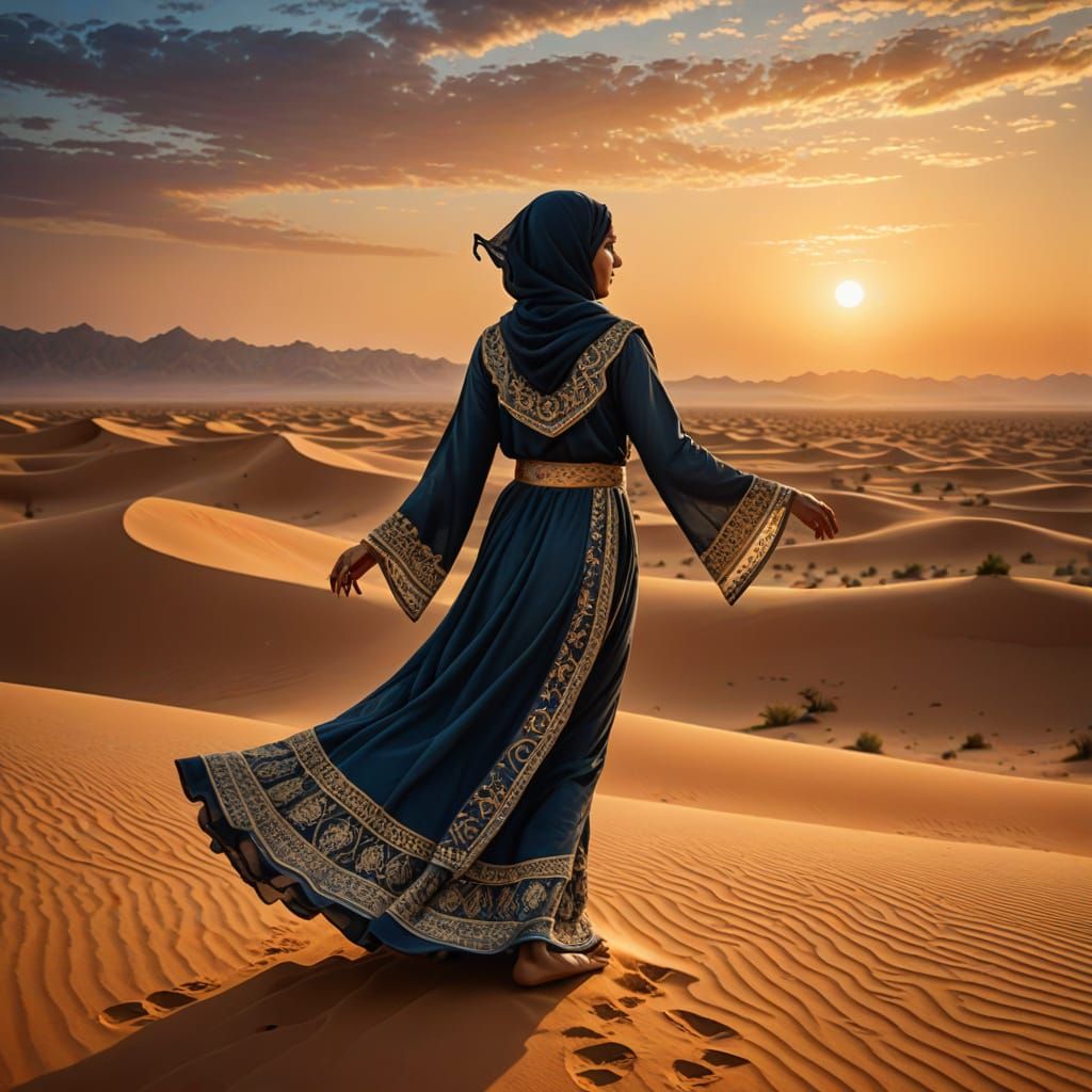 Arabic Woman Dancing in Desert at Sunset Oil Painting