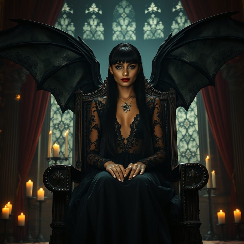 Gothic Queen with Bat Wings in Candlelit Castle