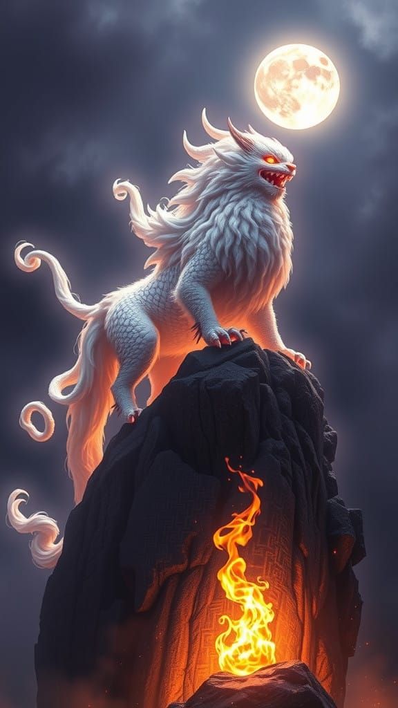 Ethereal Chinese Mythical Creature in Dark Fantasy Landscape