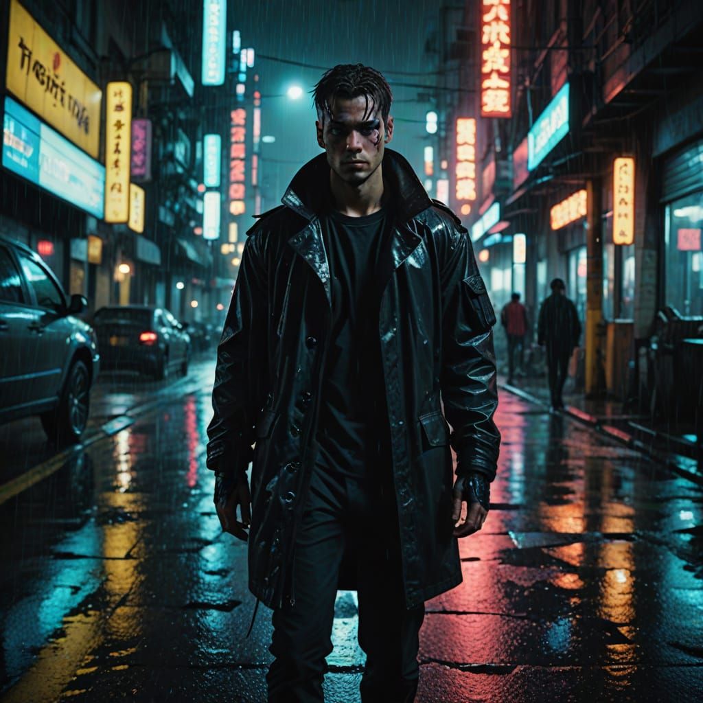 Cyberpunk Sci-Fi Protagonist in Rainy Neon City