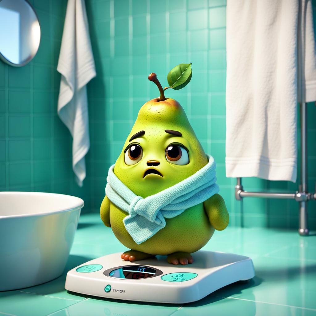 Anthropomorphic Pear Sad on Scale: 3D Digital Art