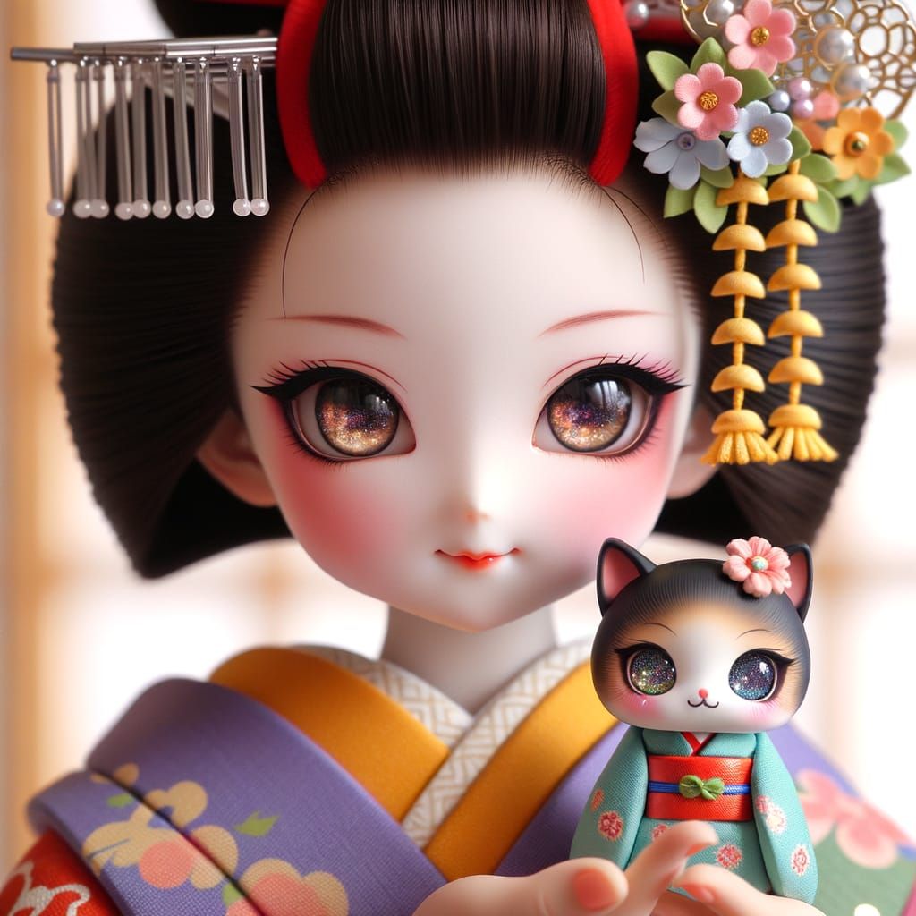 Maiko with Chibi Cat Doll in Kimono