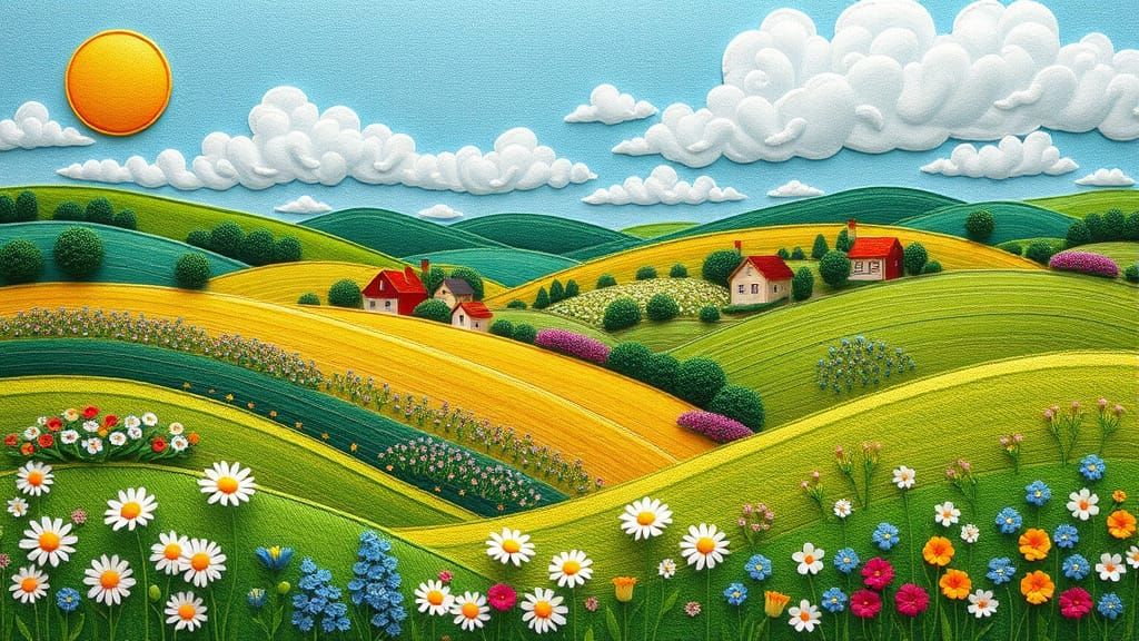 Vibrant Embroidered Hills with Wildflowers and Quaint Houses