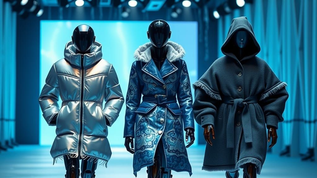 Futuristic Runway Show Featuring Robot Models in Winter Fash...