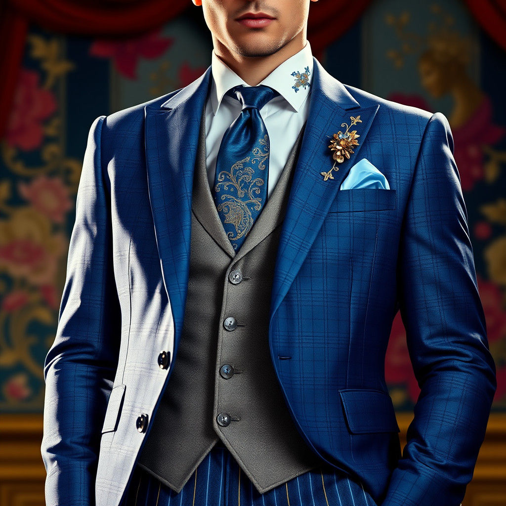 Elegant Groom in Beaded Blue Checkered Suit