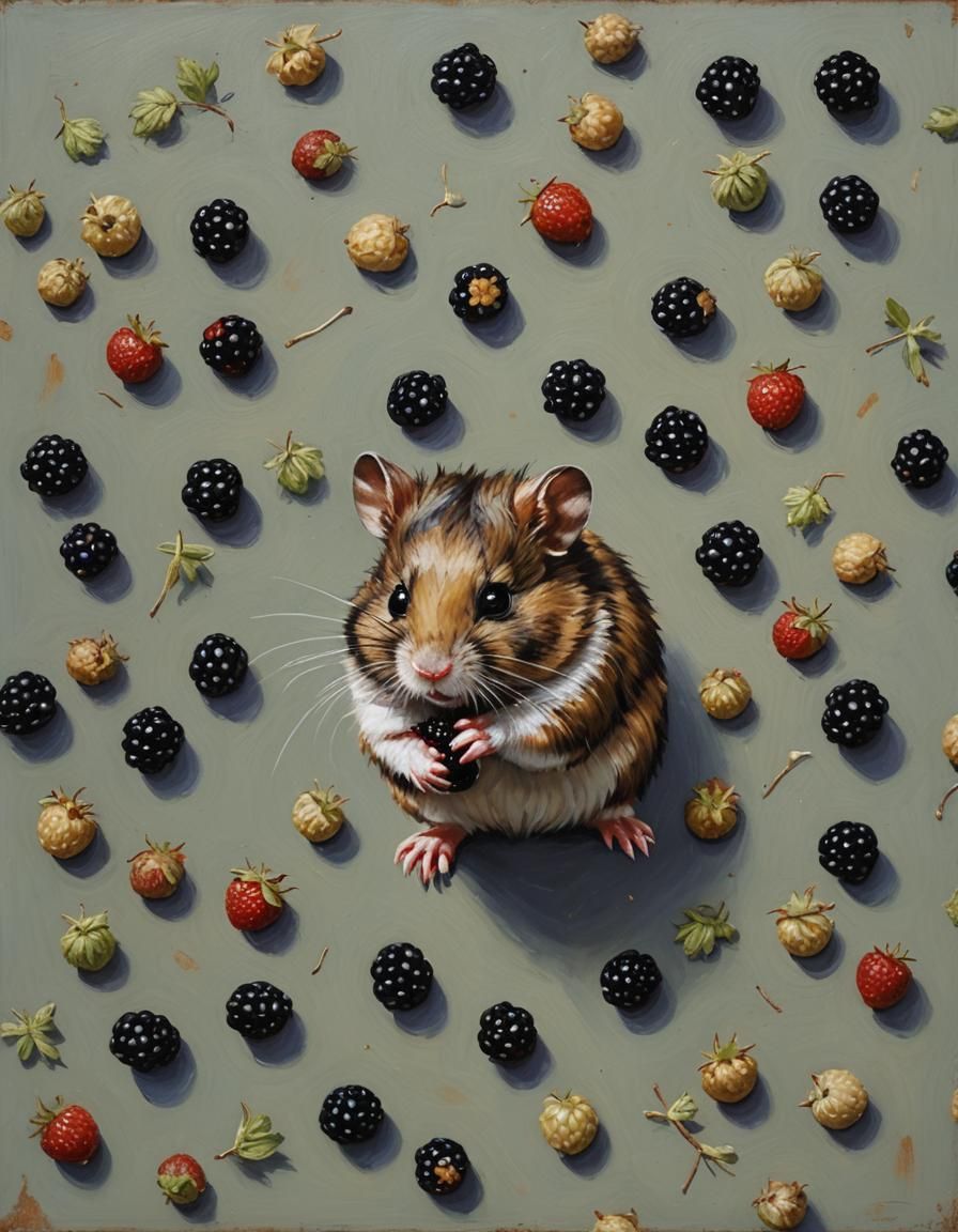 Hamster in Blackberry Theme, Oil Painting