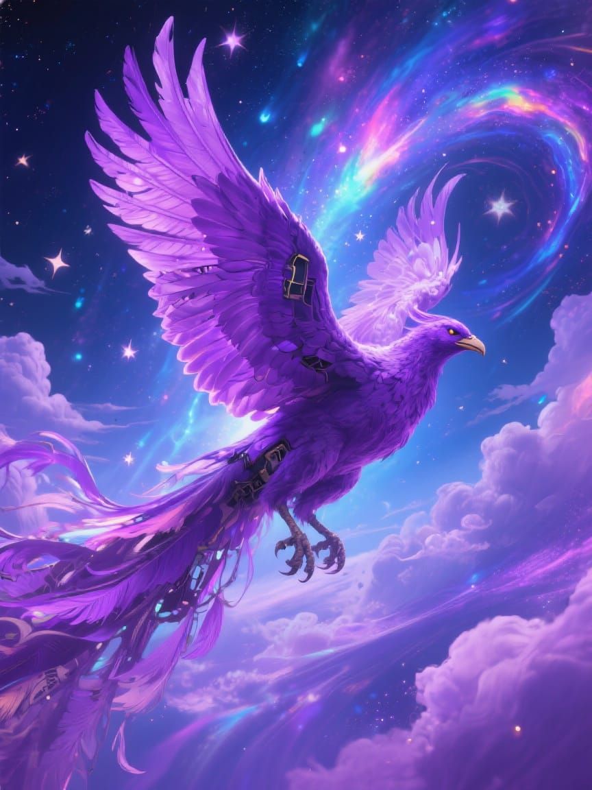 Ethereal Purple Phoenix Soaring Through a Galaxy