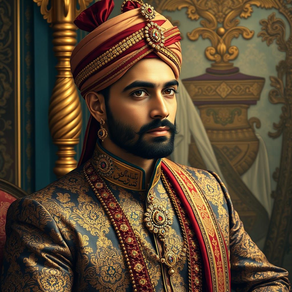 Majestic Indian Royal Prince in Embroidered Silk Sherwani