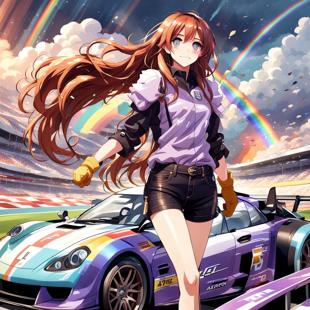 Anime Girl on Racing Track with Rainbow Clouds